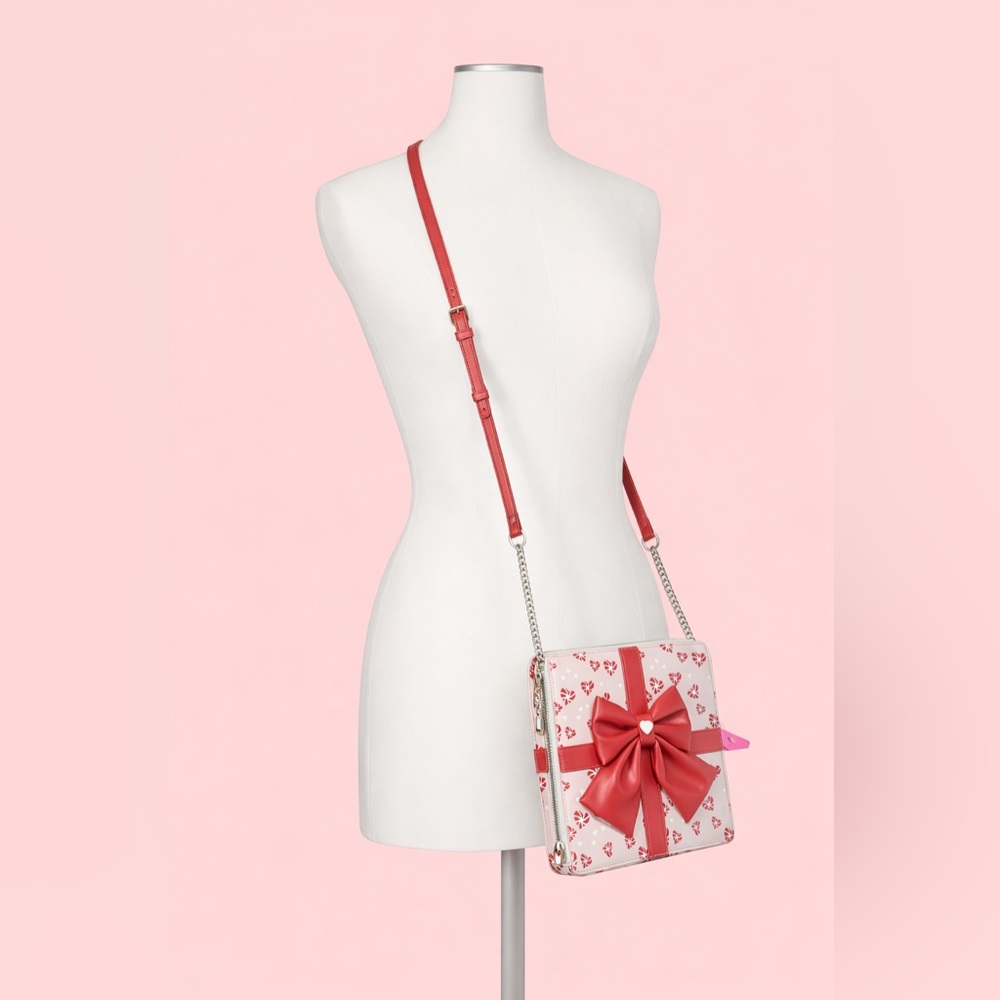 Betsey Johnson Pink Heart Crossbody Bag with Red Bow